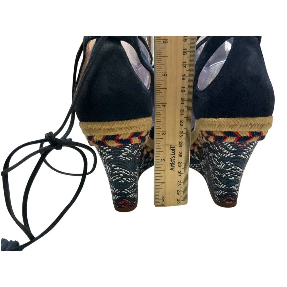 Cabi Navy Blue Lace Up Tassel Wedge Espadrille‎ Sandals Women's 8.5M Boho Summer